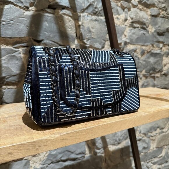 Chanel 2015-2016 Navy Blue Satin Sequin Beaded Medium Double Flap Bag - Picture 4 of 16